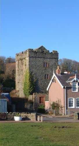 Strangford Castle - The Castle overlooks the harbour and the ferry landing. The small tower shared with Portaferry Castle, which can be seen across the narrows, the duty of monitoring ferry activity between the shores and watching the sea traffic in and out of Strangford Lough. `In the time of Queen Elizabeth' reported Harris in 1744 `there was a castle maintained for securing the Quiet of this Country'. The castle appears to date from the 16th century, though there is evidence that an earlier structure was incorporated. Photo - Pat Devlin